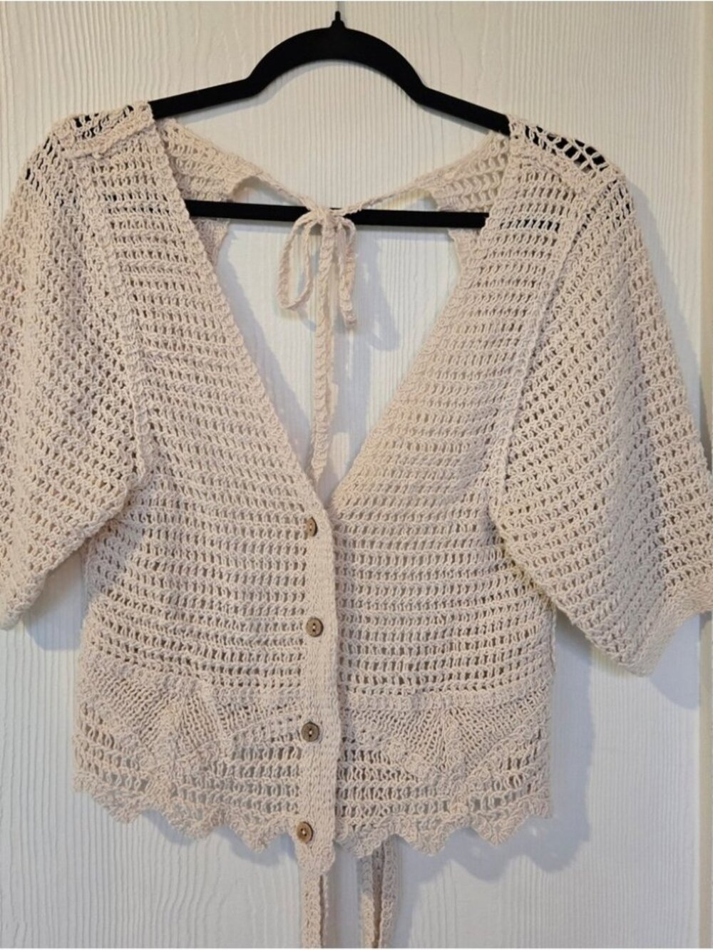 Crochet Button Front Tie Back Cardigan Top - Picture 1 of 2